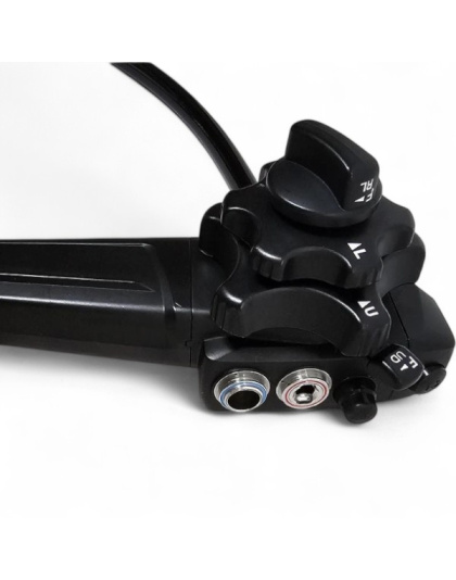 Close-up view of the OLYMPUS TJF-Q190V duodenoscope﻿ showcasing the disposable distal cover and high-definition video capabilities